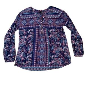 Lucky Brand Navy Multi Colorful Floral Printed Long Sleeve V Neck Top